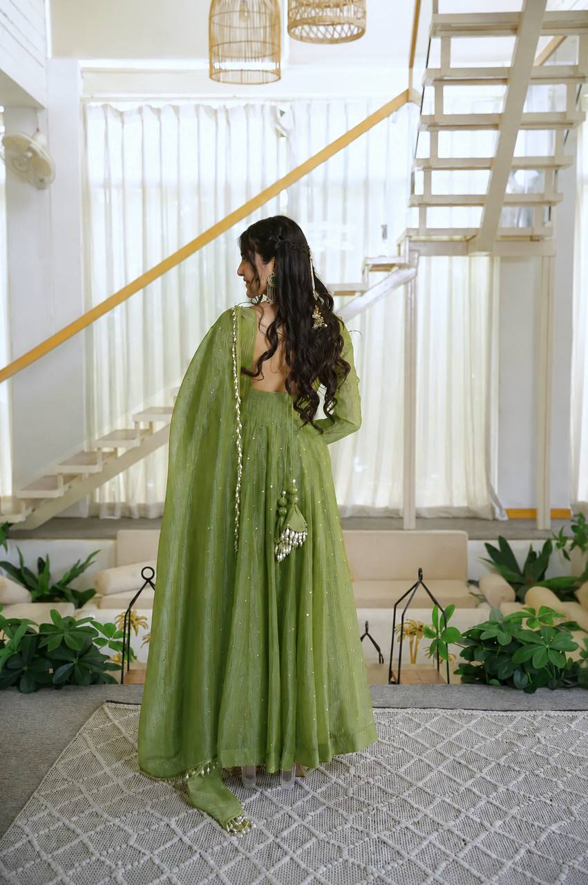 Salsa Silk Foil Work Gown Pent Set with Dupatta