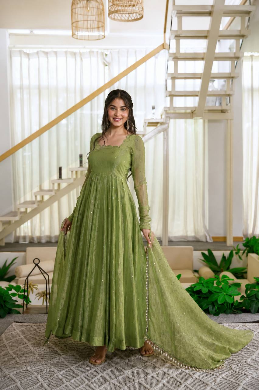 Salsa Silk Foil Work Gown Pent Set with Dupatta
