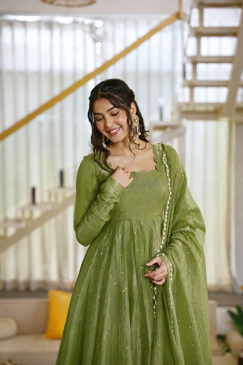 Salsa Silk Foil Work Gown Pent Set with Dupatta