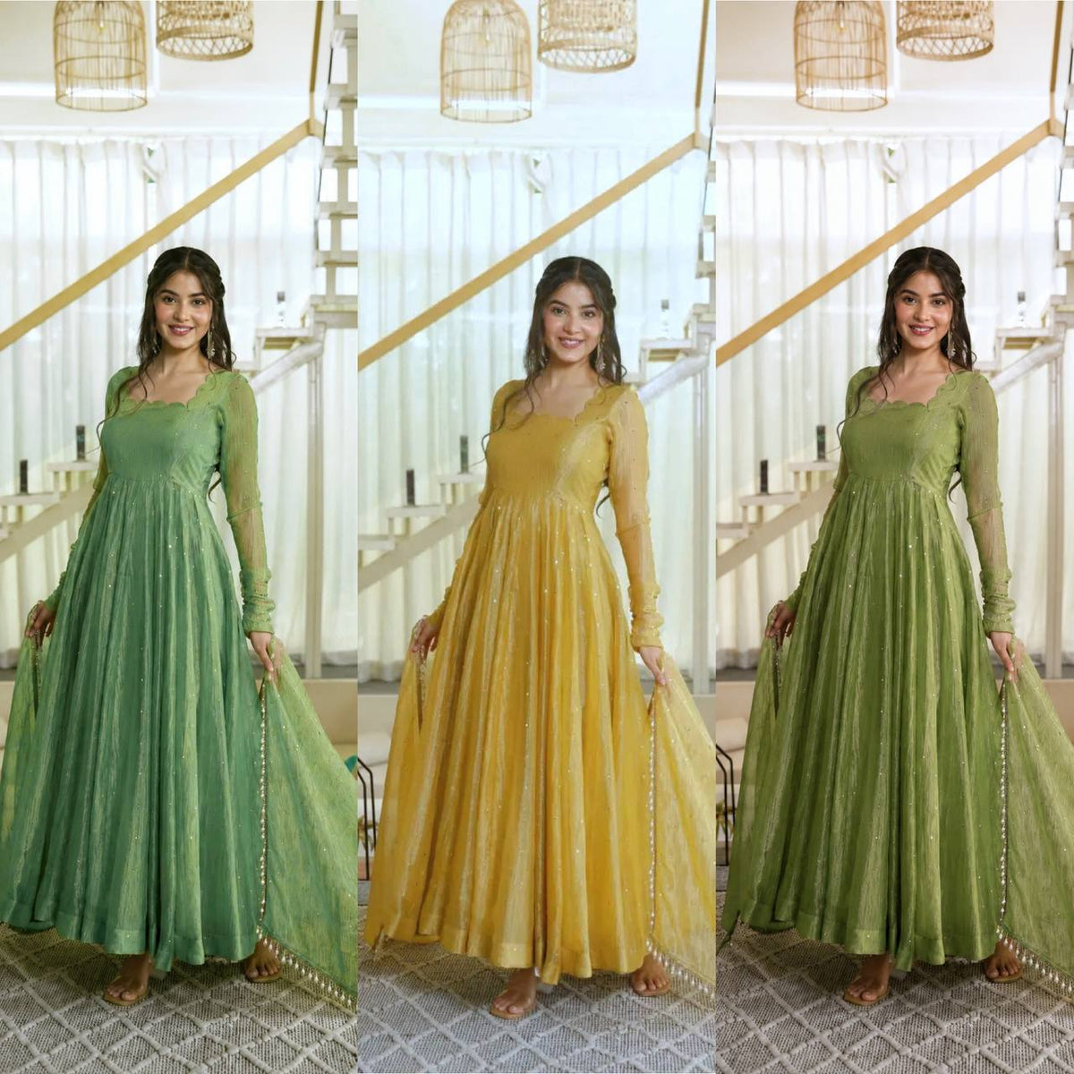 Salsa Silk Foil Work Gown Pent Set with Dupatta
