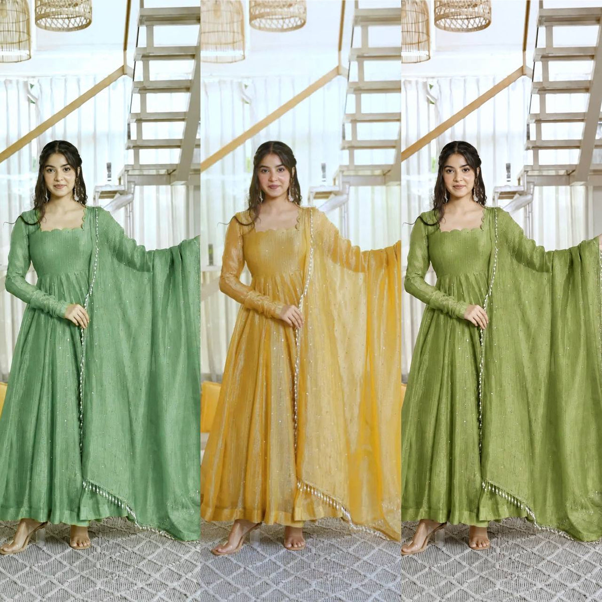 Salsa Silk Foil Work Gown Pent Set with Dupatta