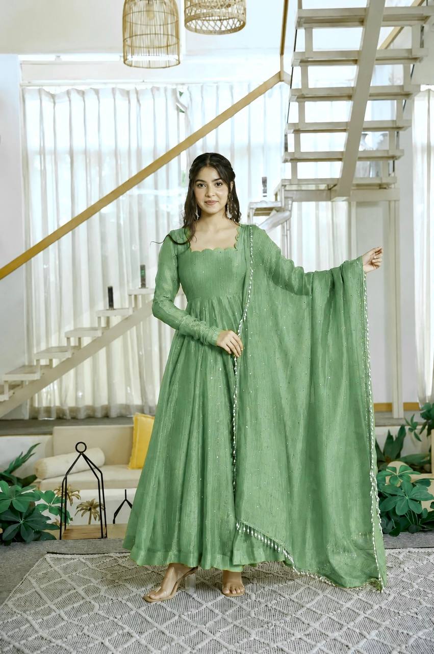 Salsa Silk Foil Work Gown Pent Set with Dupatta