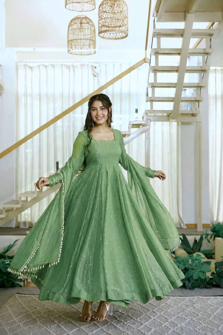 Salsa Silk Foil Work Gown Pent Set with Dupatta