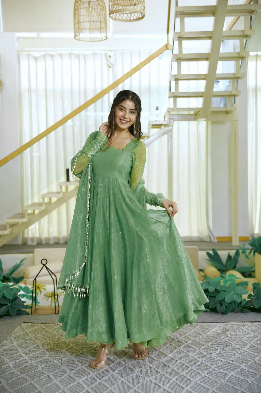 Salsa Silk Foil Work Gown Pent Set with Dupatta