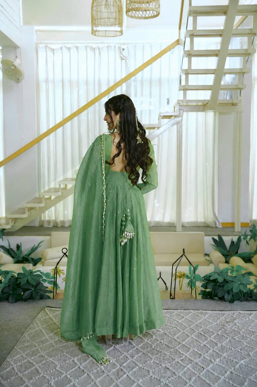 Salsa Silk Foil Work Gown Pent Set with Dupatta