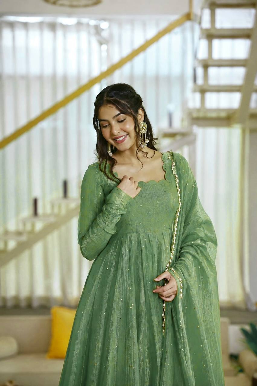 Salsa Silk Foil Work Gown Pent Set with Dupatta