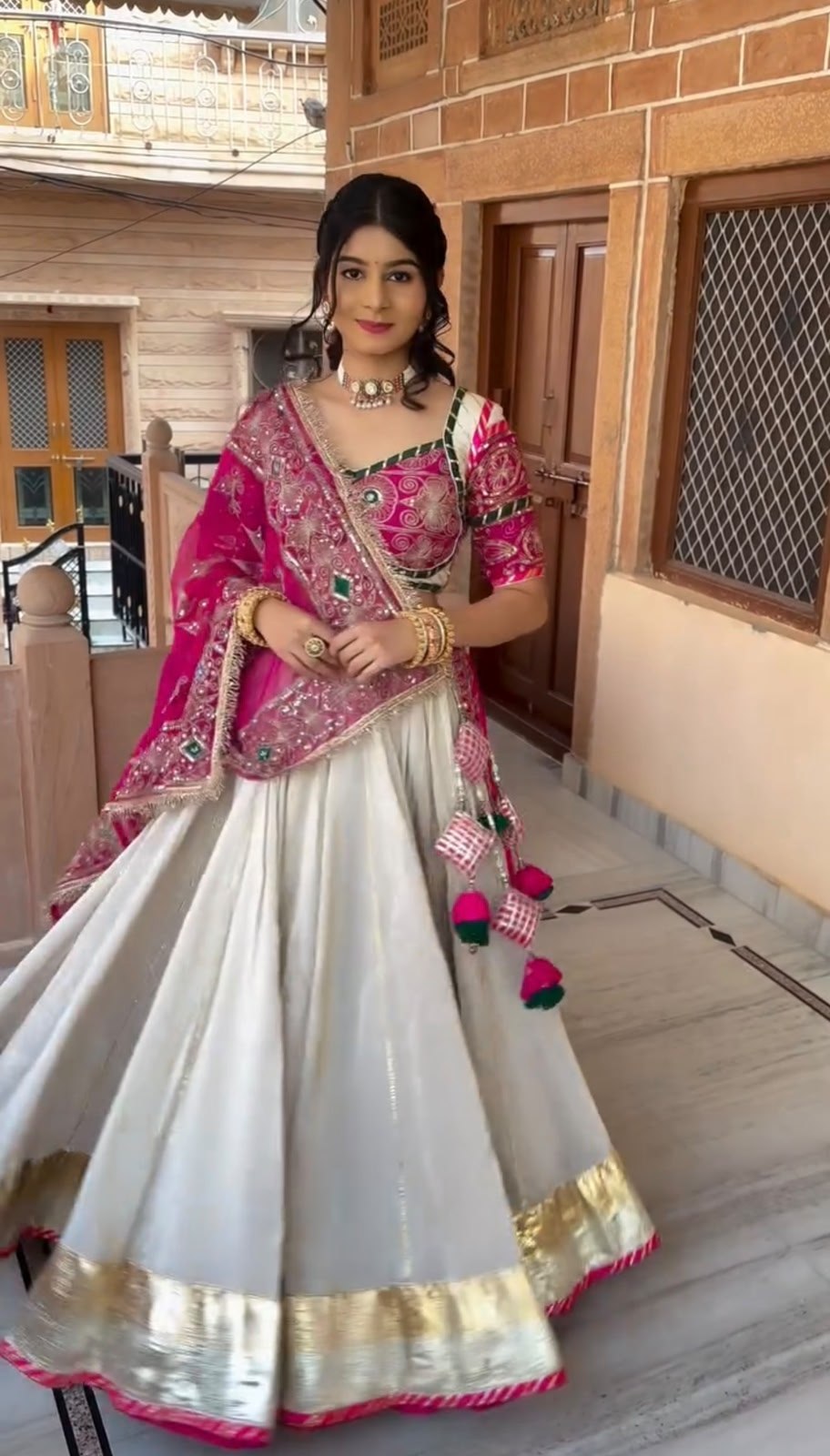 Pearl White & Rani Pink Lehenga Choli for Navratri