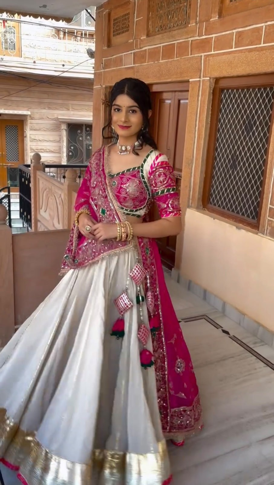Pearl White & Rani Pink Lehenga Choli for Navratri