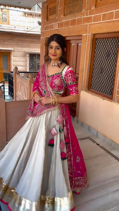 Pearl White & Rani Pink Lehenga Choli for Navratri