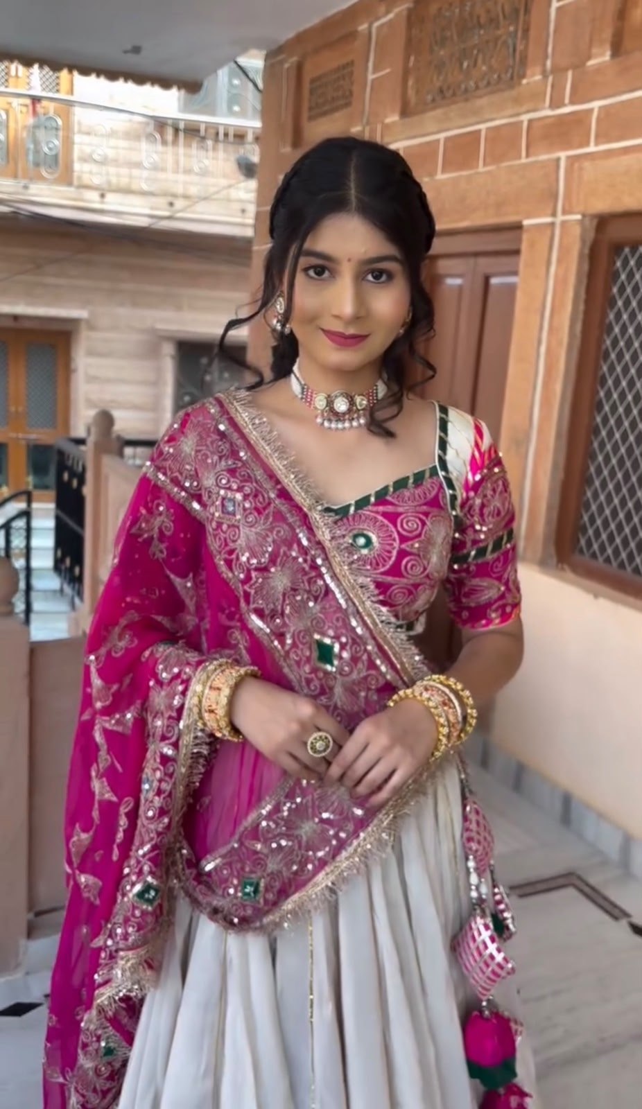 Pearl White & Rani Pink Lehenga Choli for Navratri
