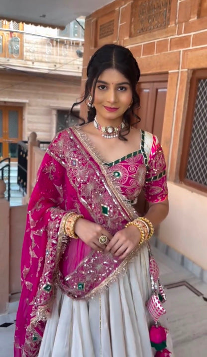 Pearl White & Rani Pink Lehenga Choli for Navratri