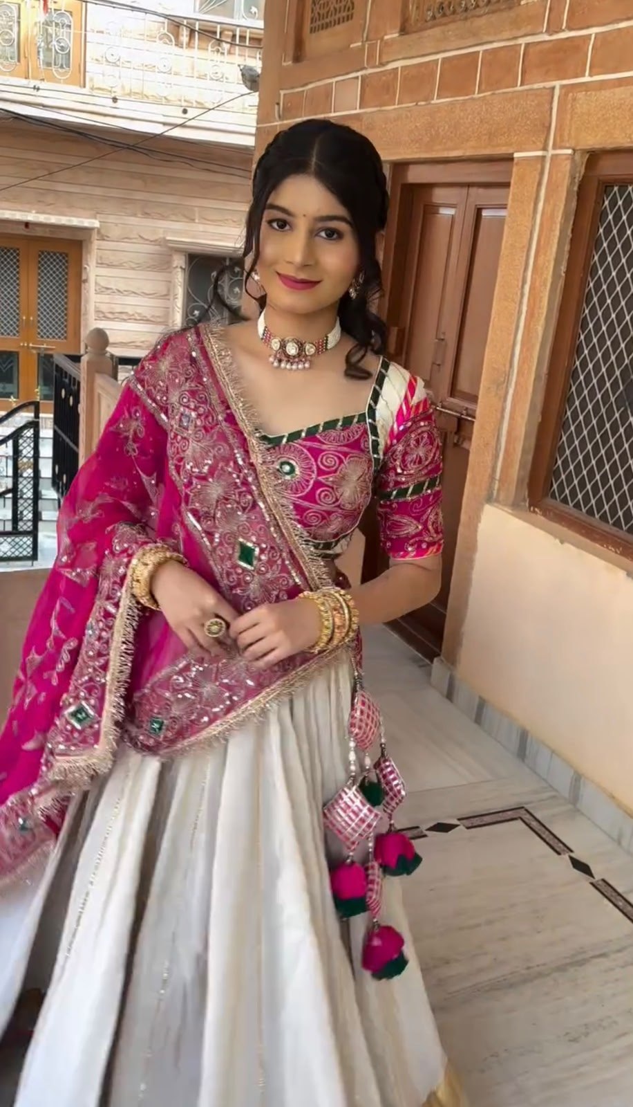 Pearl White & Rani Pink Lehenga Choli for Navratri