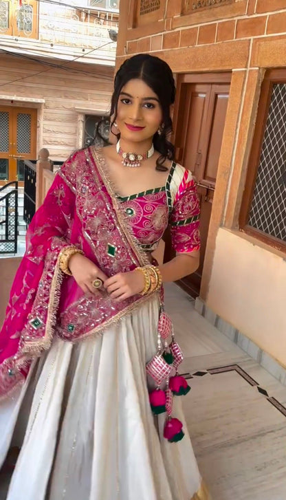 Pearl White & Rani Pink Lehenga Choli for Navratri