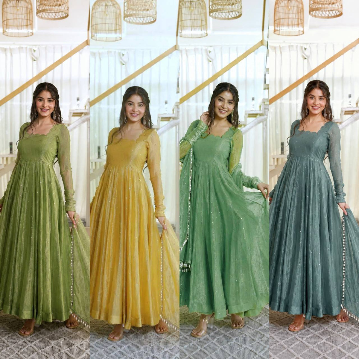 Salsa Silk Foil Work Gown Pent Set with Dupatta