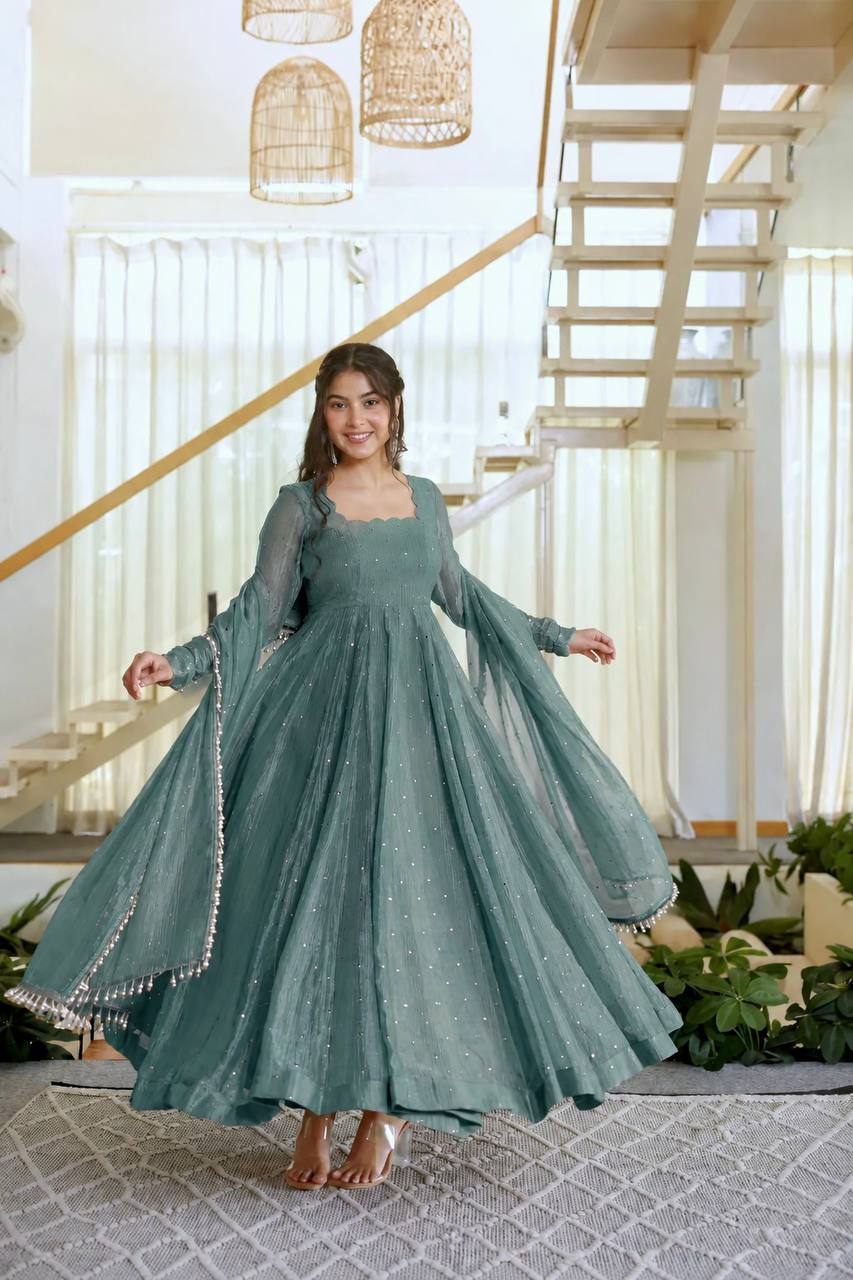 Salsa Silk Foil Work Gown Pent Set with Dupatta