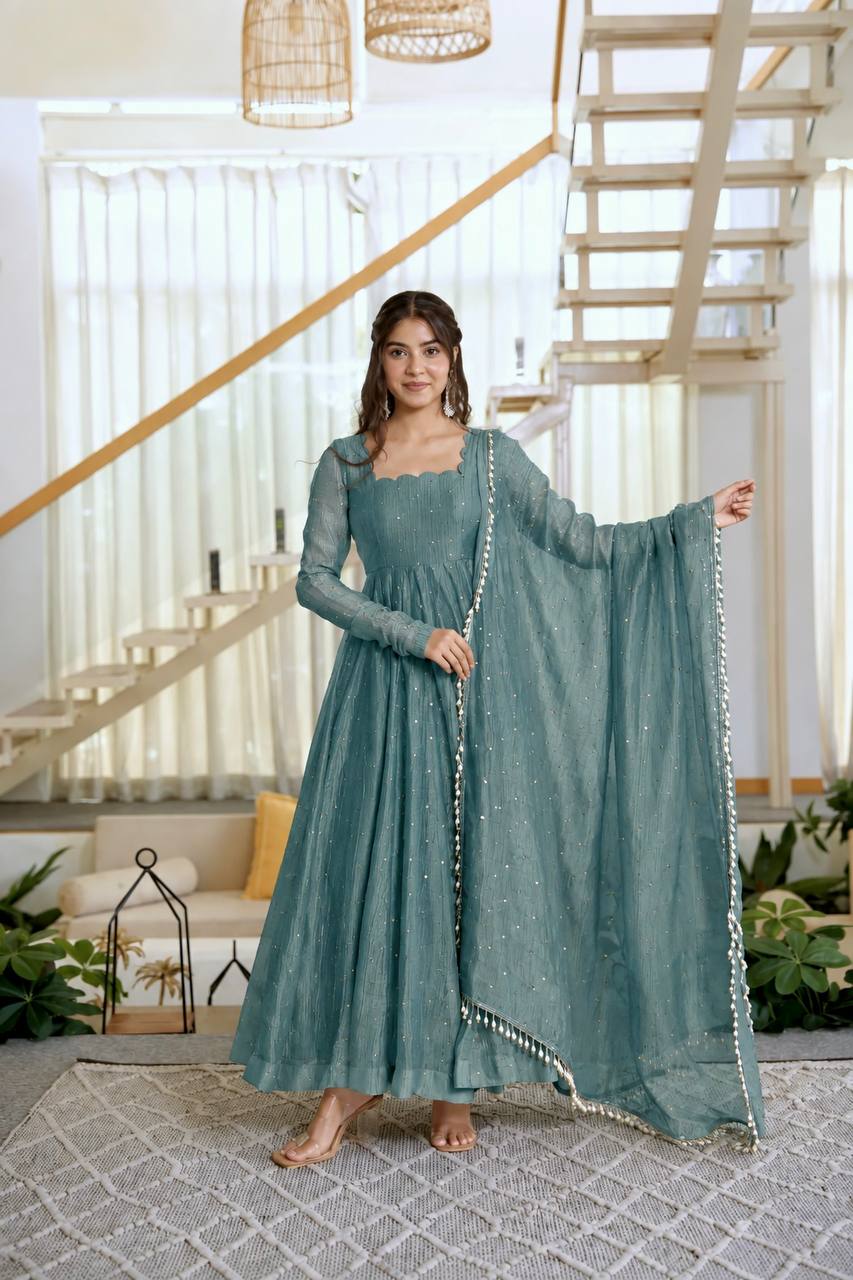 Salsa Silk Foil Work Gown Pent Set with Dupatta