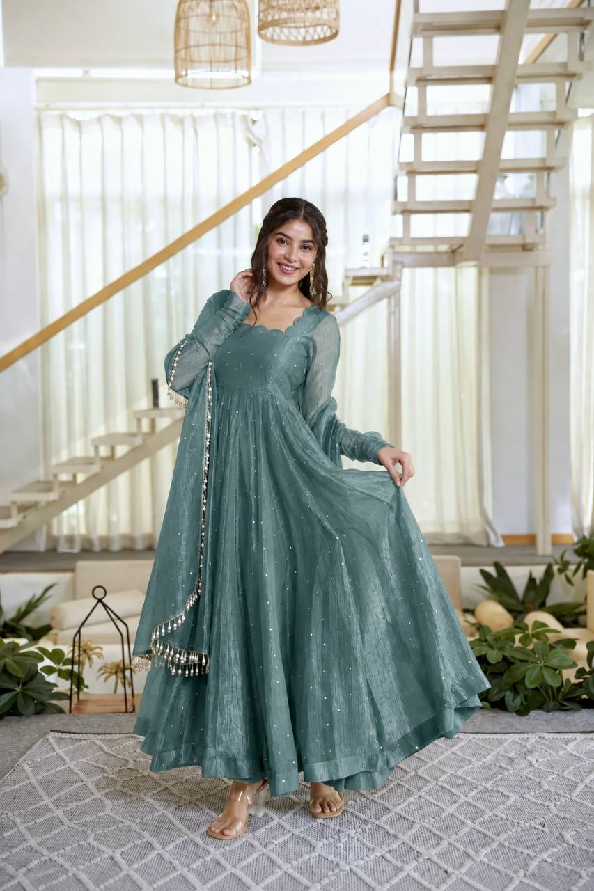 Salsa Silk Foil Work Gown Pent Set with Dupatta