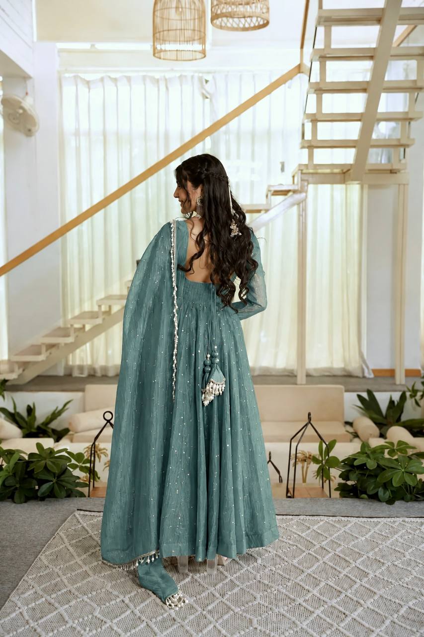Salsa Silk Foil Work Gown Pent Set with Dupatta