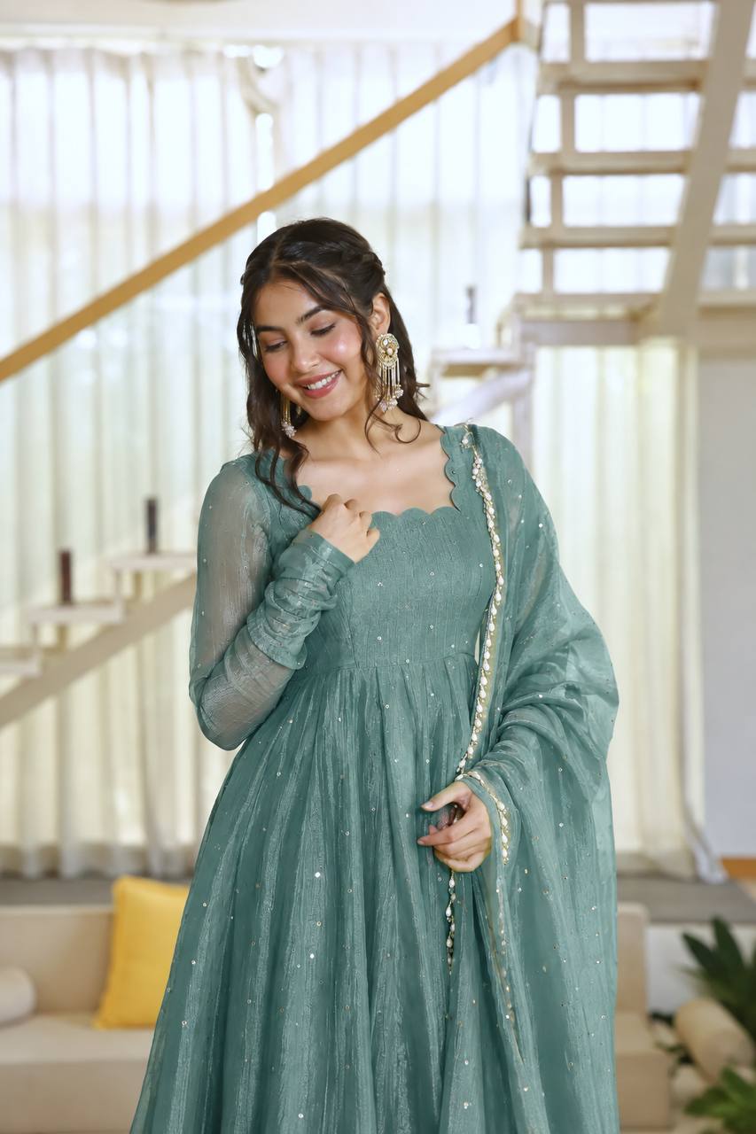 Salsa Silk Foil Work Gown Pent Set with Dupatta