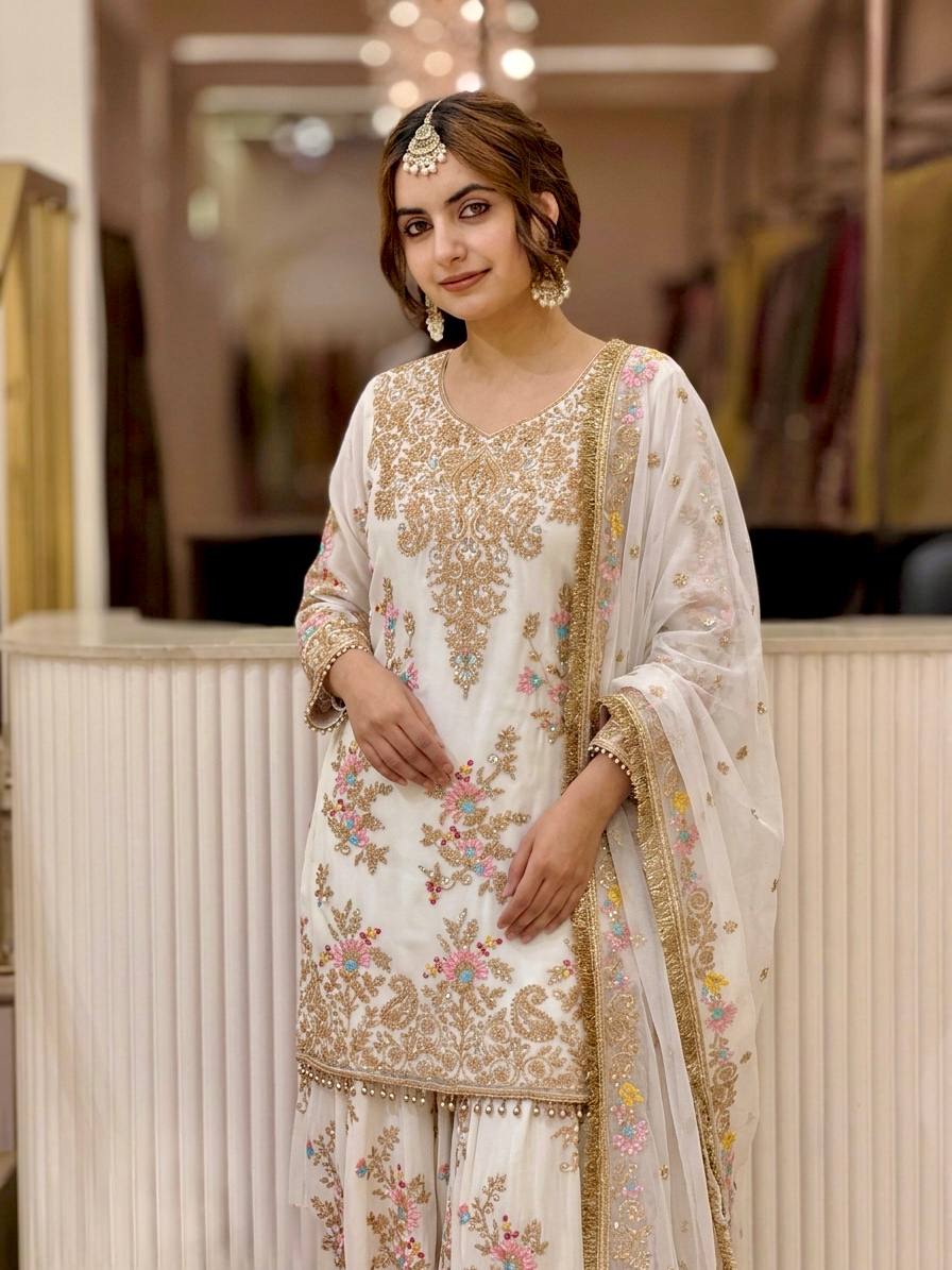 Luxury Pakistani Embroidered Sharara Suit with Dupatta