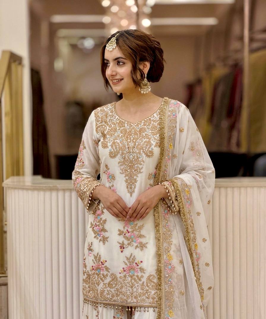 Luxury Pakistani Embroidered Sharara Suit with Dupatta