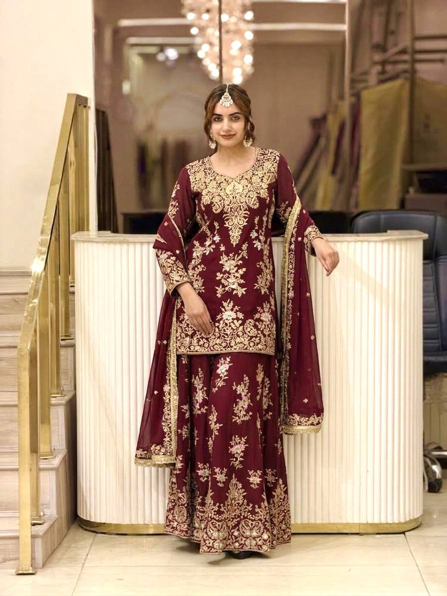 Luxury Pakistani Embroidered Sharara Suit with Dupatta