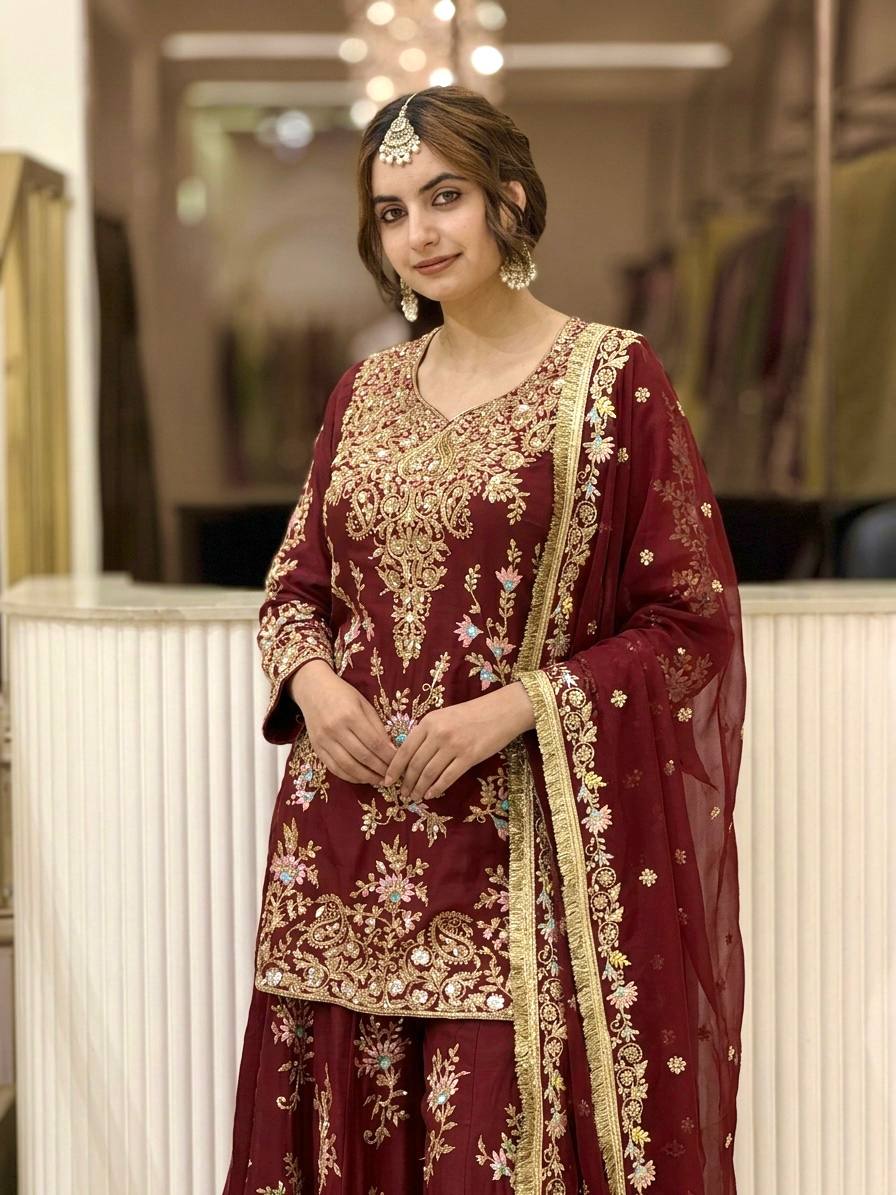 Luxury Pakistani Embroidered Sharara Suit with Dupatta