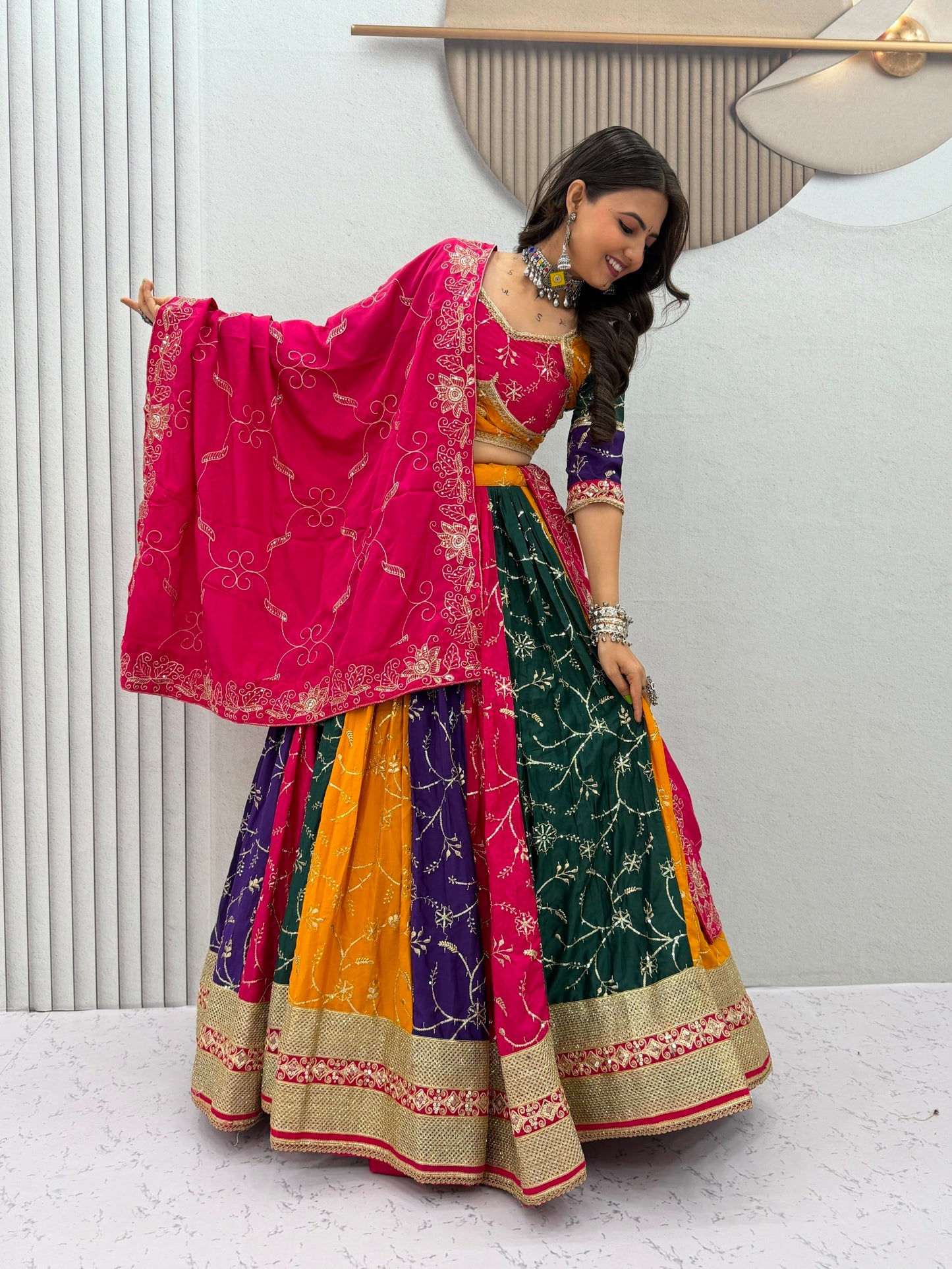 Navratri Multi Color Milki Silk Lehenga Choli for Garba