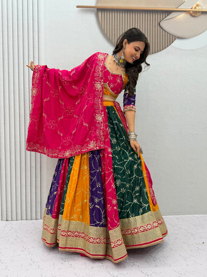 Navratri Multi Color Milki Silk Lehenga Choli for Garba