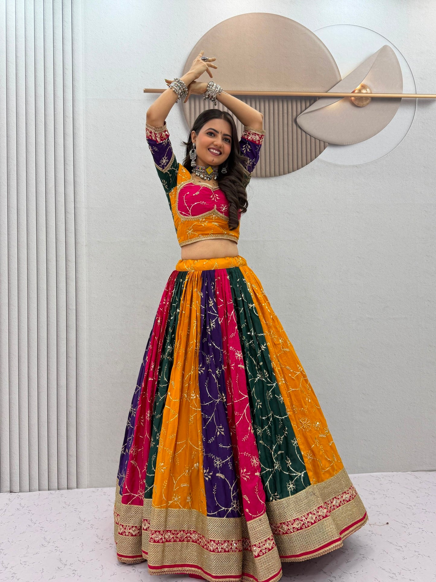 Navratri Multi Color Milki Silk Lehenga Choli for Garba