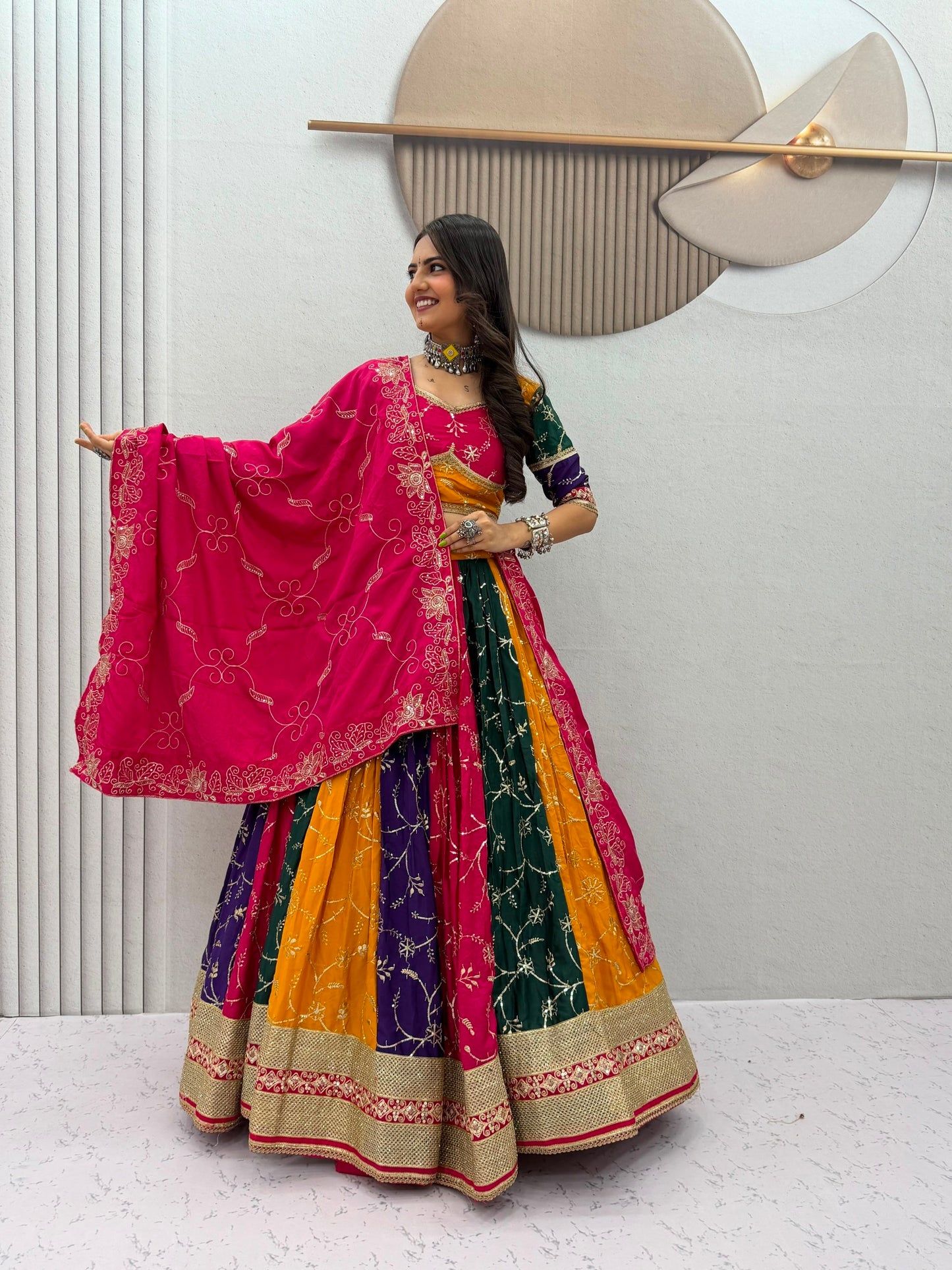 Navratri Multi Color Milki Silk Lehenga Choli for Garba