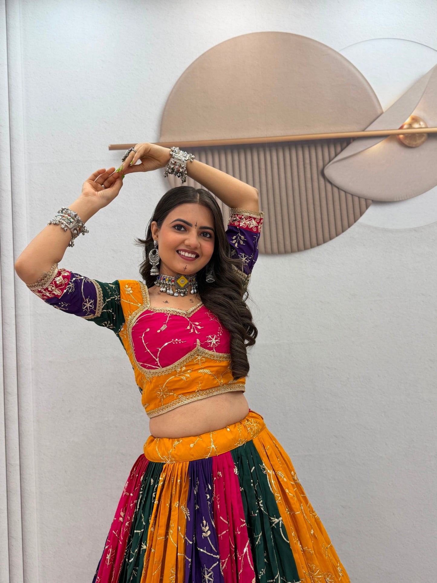 Navratri Multi Color Milki Silk Lehenga Choli for Garba