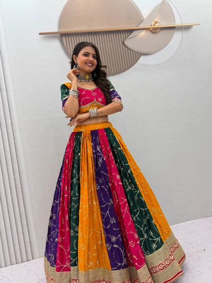 Navratri Multi Color Milki Silk Lehenga Choli for Garba