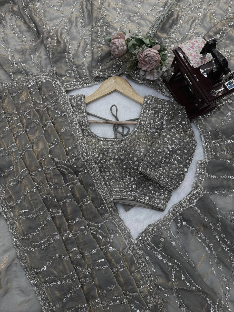 Designer Fendy Silk Saree with Beads Work and Blouse