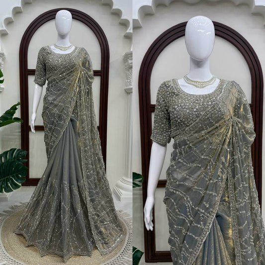 Designer Fendy Silk Saree with Beads Work and Blouse
