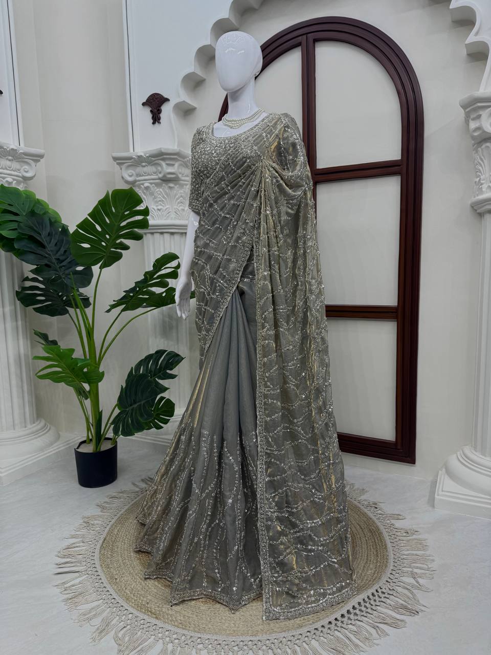 Designer Fendy Silk Saree with Beads Work and Blouse