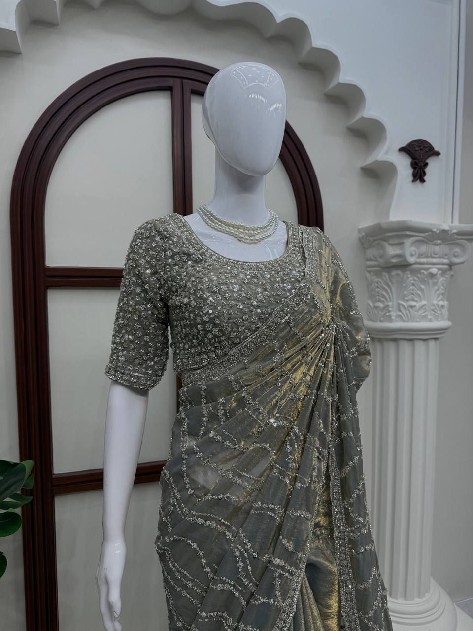 Designer Fendy Silk Saree with Beads Work and Blouse
