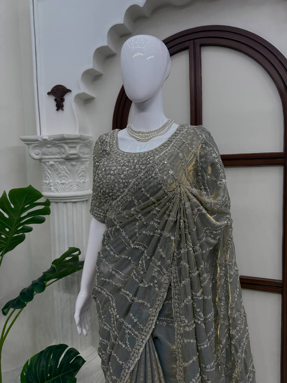 Designer Fendy Silk Saree with Beads Work and Blouse