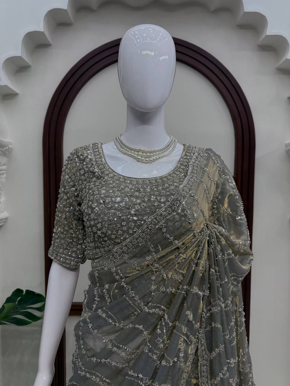 Designer Fendy Silk Saree with Beads Work and Blouse