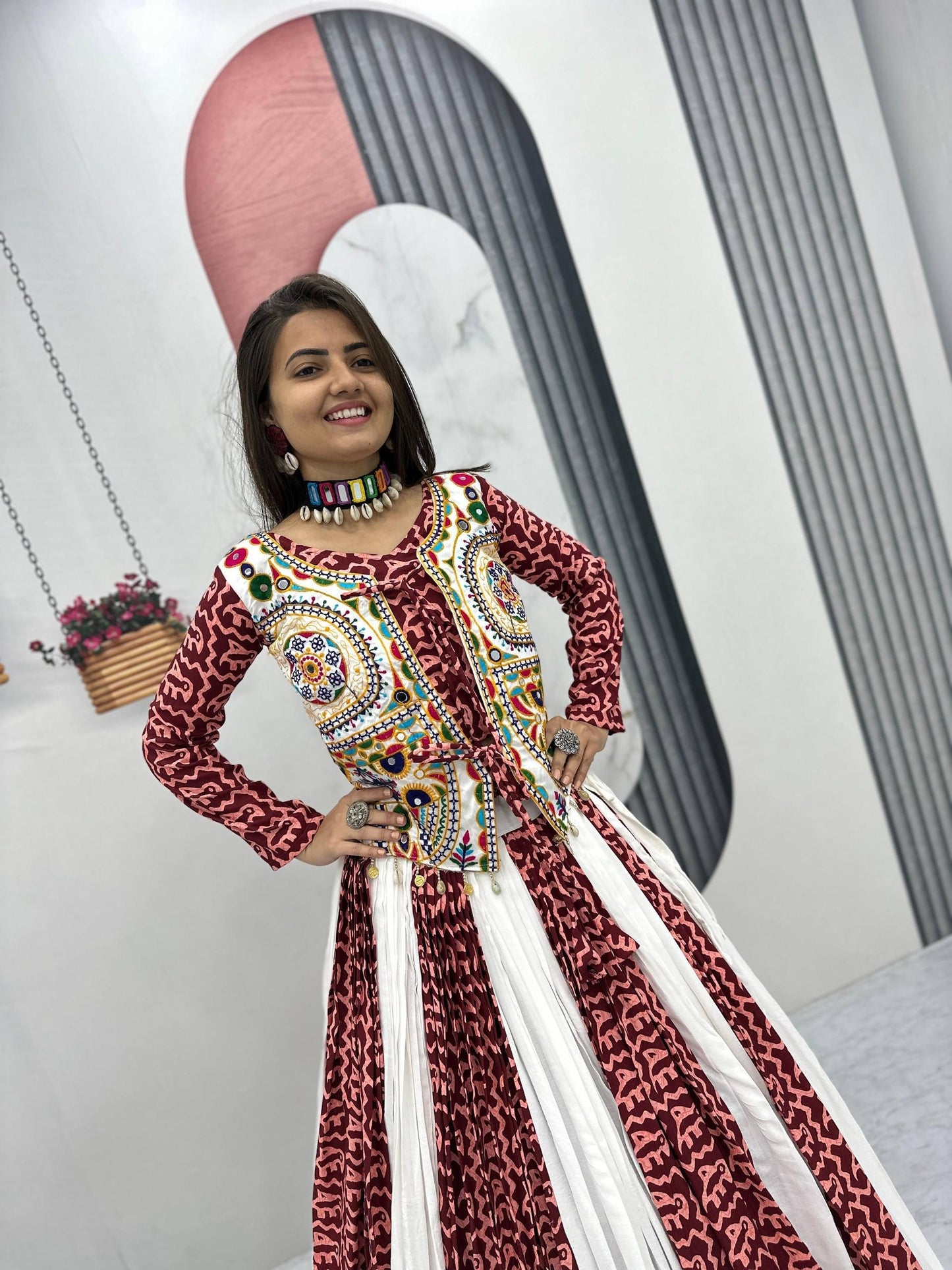 Maroon Gamthi Work Navratri Chaniya Choli in Pure Cotton