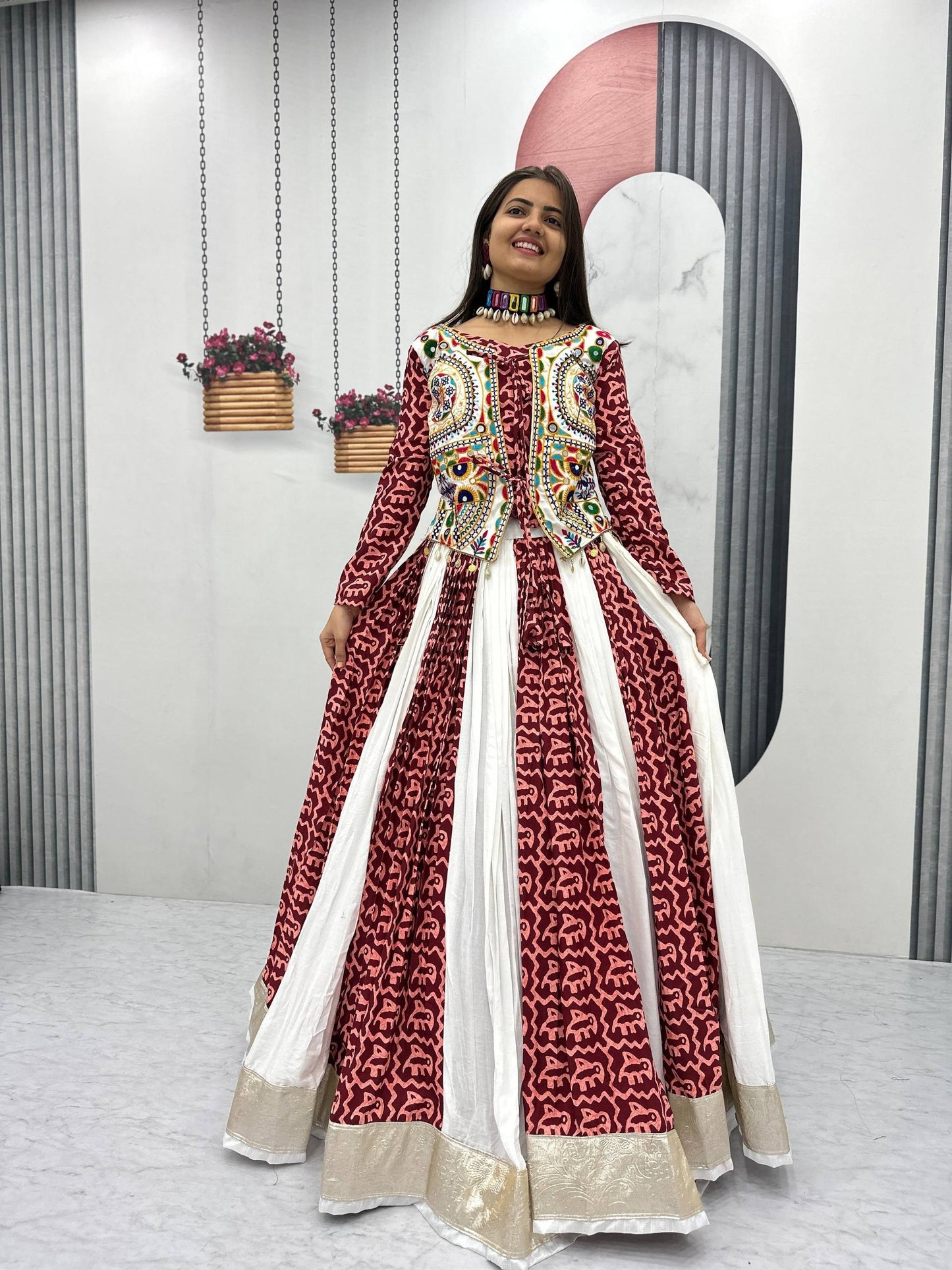 Maroon Gamthi Work Navratri Chaniya Choli in Pure Cotton