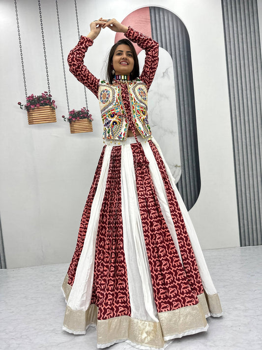 Maroon Gamthi Work Navratri Chaniya Choli in Pure Cotton