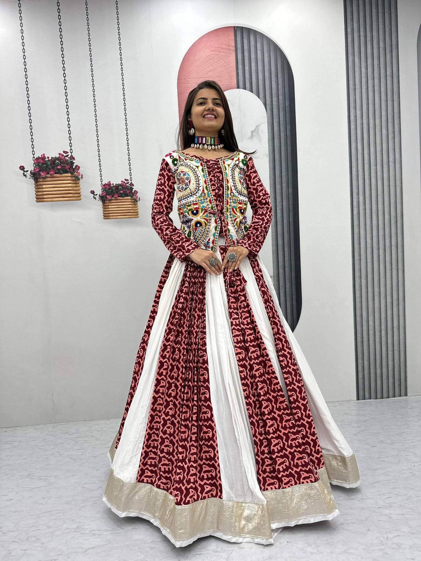 Maroon Gamthi Work Navratri Chaniya Choli in Pure Cotton