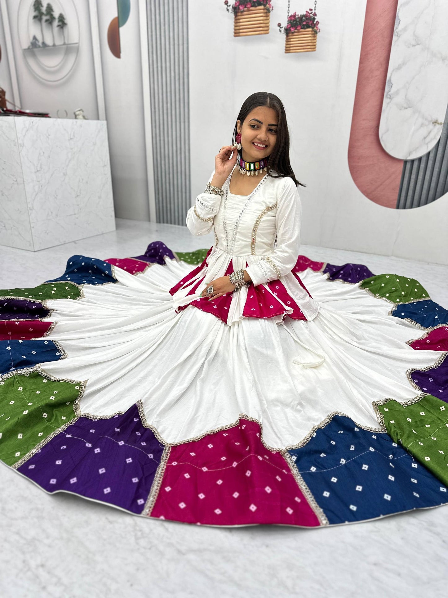 White & Multicolor Cotton Kediyu Lehenga Choli for Navratri