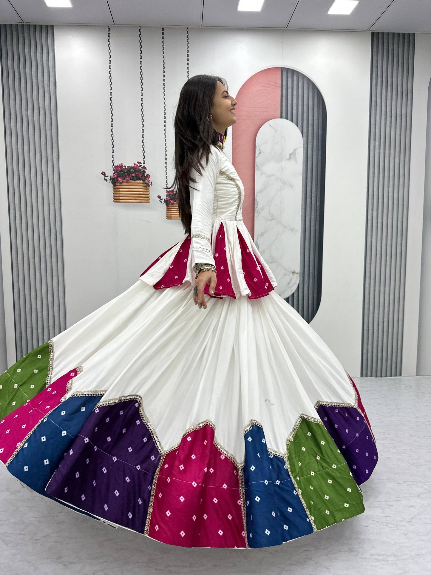 White & Multicolor Cotton Kediyu Lehenga Choli for Navratri