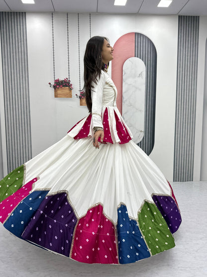 White & Multicolor Cotton Kediyu Lehenga Choli for Navratri