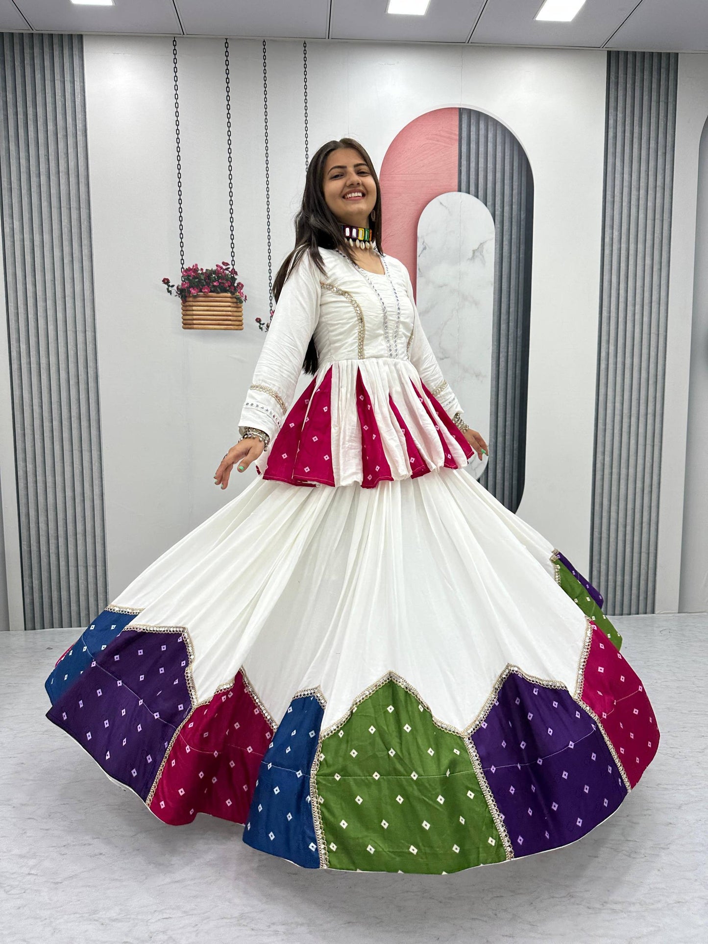 White & Multicolor Cotton Kediyu Lehenga Choli for Navratri