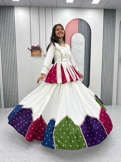 White & Multicolor Cotton Kediyu Lehenga Choli for Navratri
