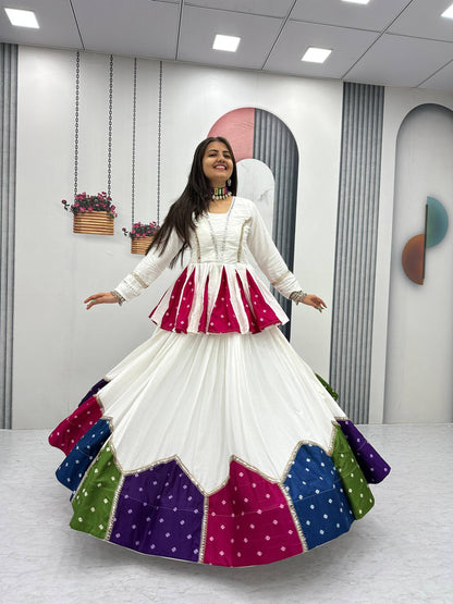 White & Multicolor Cotton Kediyu Lehenga Choli for Navratri