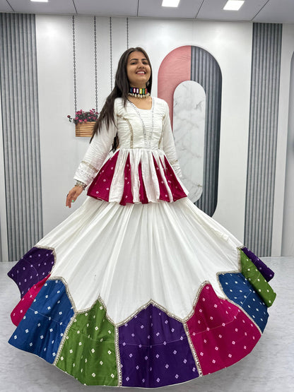 White & Multicolor Cotton Kediyu Lehenga Choli for Navratri